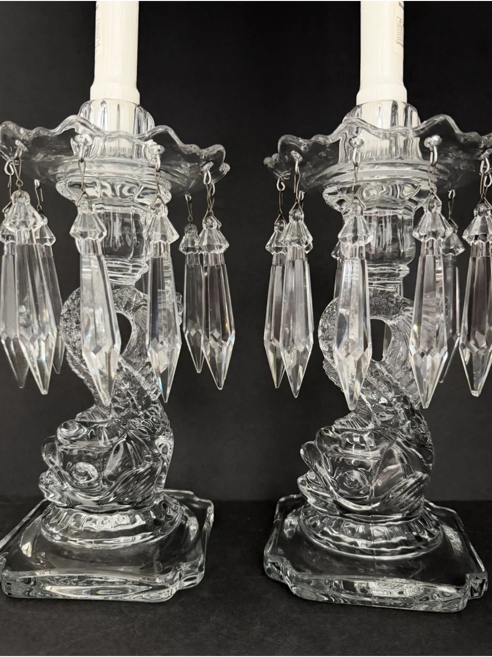 Pair of Cambridge Glass Candle Holders Fish Figure Bases w/Crystal Prisms 9,5
